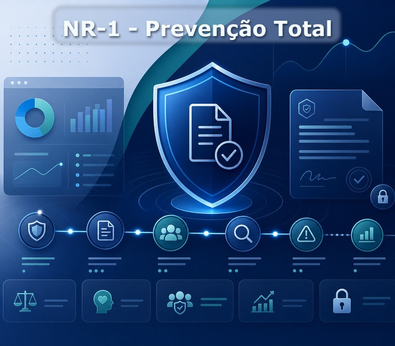 Ilustração sobre prevenção total na NR-1 com escudo central, indicadores de risco, documentos protegidos e ícones de governança